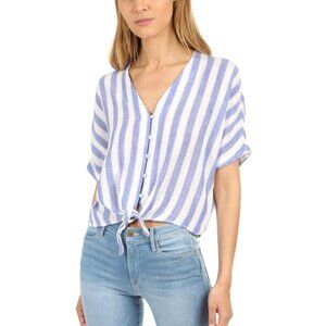 Rails Sz S ‘Thea’ Striped Linen Blend V-Neck Short Sleeve Waist Tie Button Down